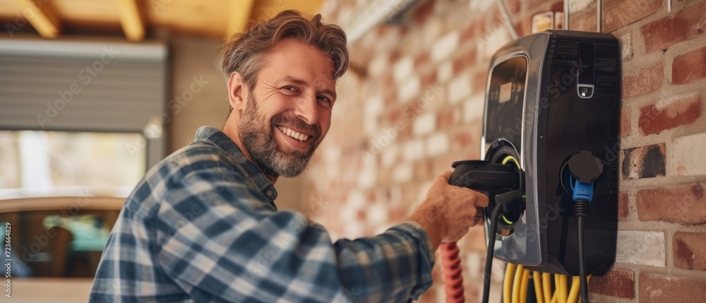 Electrician man smiling and installing a home charging. Electrician man smiling and installing a home charging.