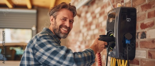 Electrician man smiling and installing a home charging. photo