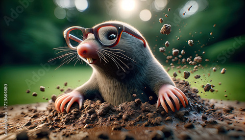 A Surprised Mole with Glasses Emerges from the Ground, Dirt Flying, in a Humorous and Whimsical Wildlife Scene photo