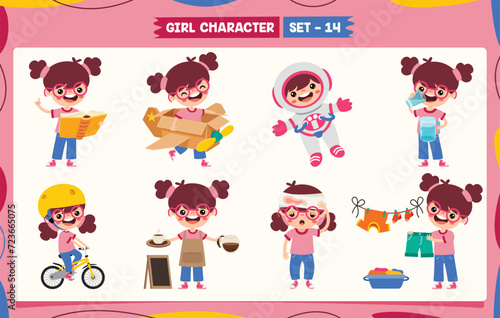 Cartoon Girl Doing Various Activities