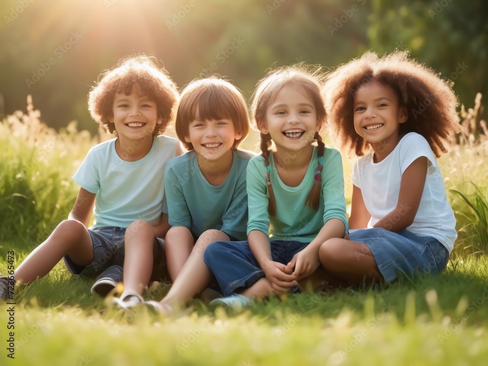 Group of happy children sitting on grass and looking at camera in park. International Day of Happiness. Group of happy children sitting on grass and looking at camera in park. International Day of Happiness.