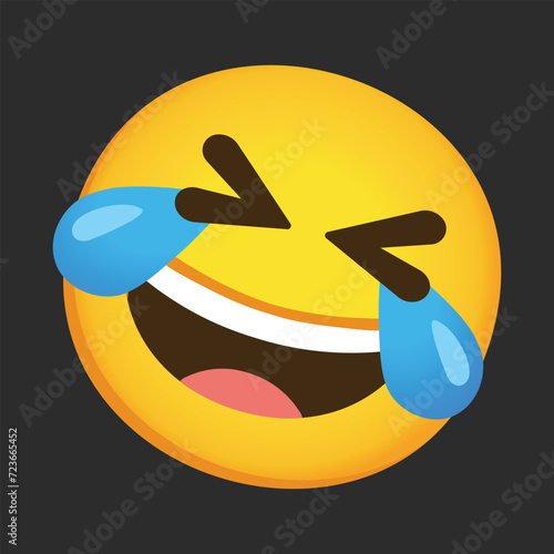 Rolling on the Floor Laughing vector emoji. Isolated yellow face with a big grin and scrunched, X-shaped eyes, tilted on its side as if rolling on the floor laughing sign sticker web and print design.