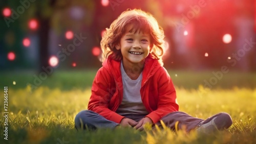 happy little boy sitting on grass in park and smiling at camera.