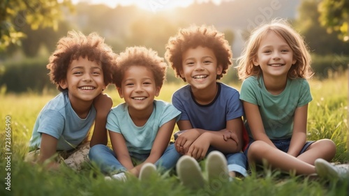 International Day of Happiness. Group of happy children sitting on the grass in the park at sunset