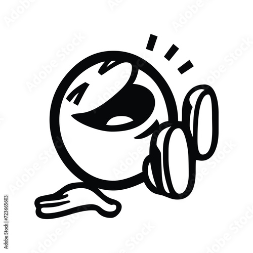 Rolling on the Floor Laughing vector emoji. Isolated yellow face with a big grin and scrunched, X-shaped eyes, tilted on its side as if rolling on the floor laughing sign sticker web and print design.