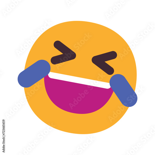 Rolling on the Floor Laughing vector emoji. Isolated yellow face with a big grin and scrunched, X-shaped eyes, tilted on its side as if rolling on the floor laughing sign sticker web and print design.