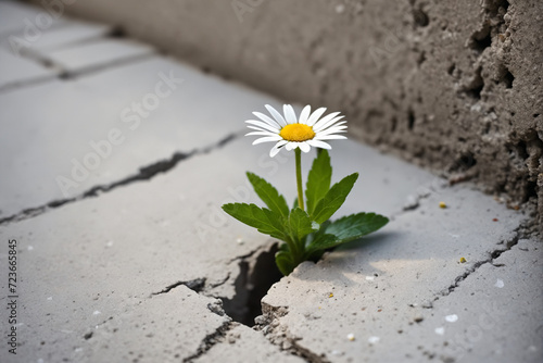 A small daisy growing in a crack in the asphalt - Nature's resilience