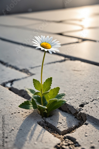 A small daisy growing in a crack in the asphalt - Nature's resilience