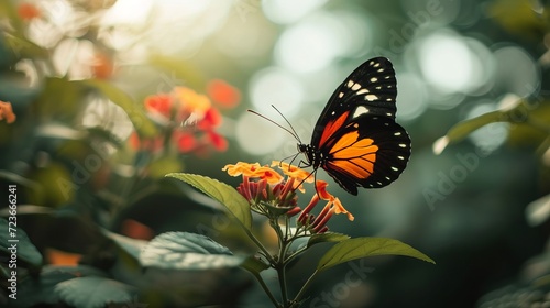 Vibrant Orange and Black Butterfly Perched on Blooming Orange Flowers Amidst Lush Green Foliage, Illuminated by Soft Sunlight © stock photo