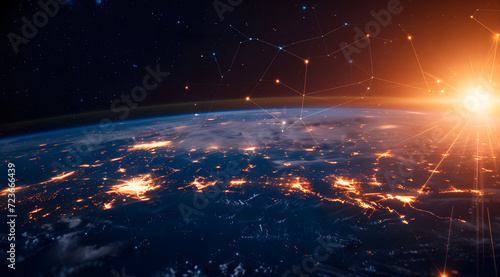 Illustration of global network connections and communication technology for internet business and telecommunication, featuring earth connector, earth map, and a 3D globe with an electronic network.