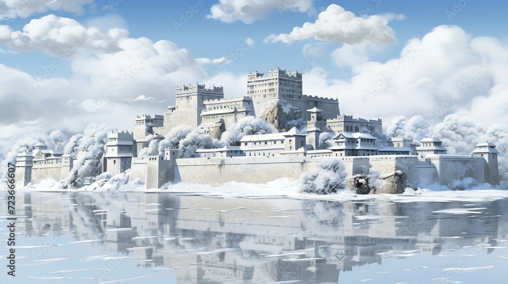 snowy castle with lake full of snow. Digital concept, illustration painting.