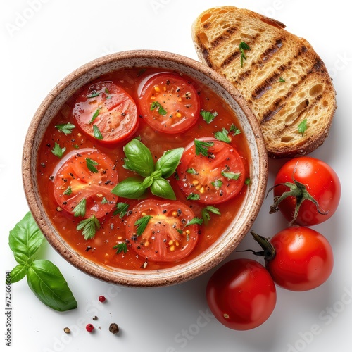 Tomato Soup Gazpacho Bread Vegetables Garlic On White Background, Illustrations Images