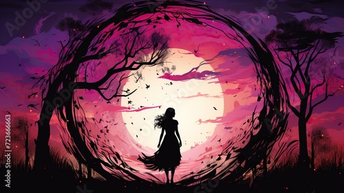 silhouette of woman walking through a circular tree. Digital concept, illustration painting.