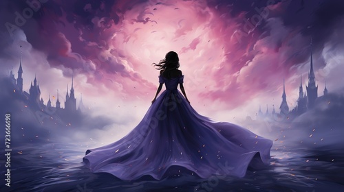 Silhouette of a princess in a chic dress against a background of castles. Digital concept, illustration painting.