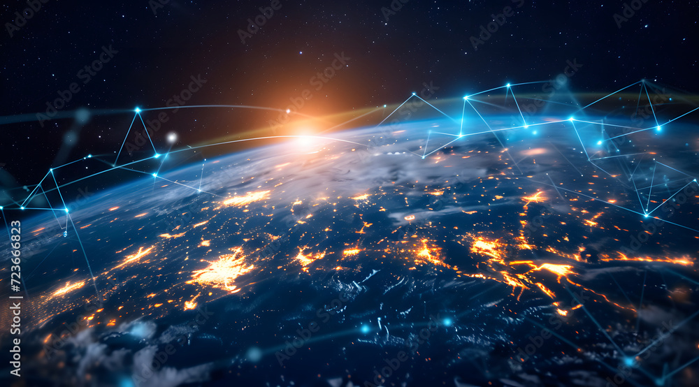 Illustration of global network connections and communication technology for internet business and telecommunication, featuring earth connector, earth map, and a 3D globe with an electronic network. - obrazy, fototapety, plakaty 