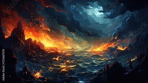 water in the ocean with fire burning. Digital concept, illustration painting.