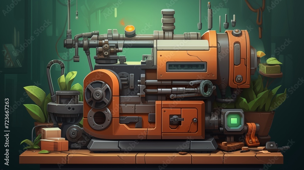 Fototapeta premium vintage industrial machine with green plants and a lot of tools. Digital concept, illustration painting.