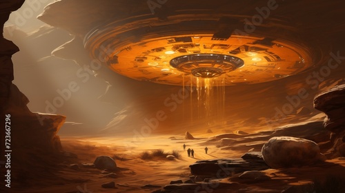 ufo landing on alien world in the desert. Digital concept, illustration painting.