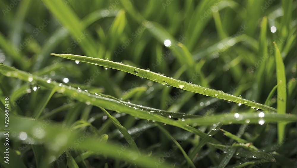 Close-up of wet grass blades after a spring rain, with water droplets reflecting sunlight. generative AI Close-up of wet grass blades after a spring rain, with water droplets reflecting sunlight. generative AI