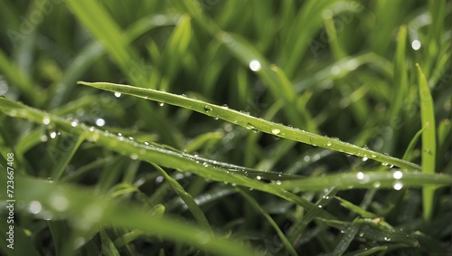Close-up of wet grass blades after a spring rain, with water droplets reflecting sunlight. generative AI