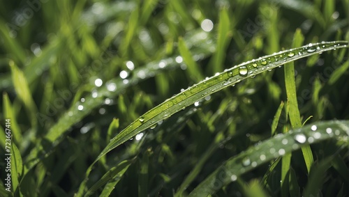 Close-up of wet grass blades after a spring rain, with water droplets reflecting sunlight. generative AI