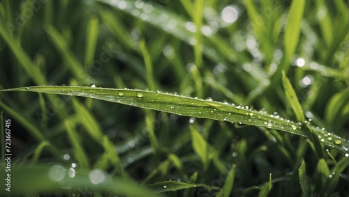 Close-up of wet grass blades after a spring rain, with water droplets reflecting sunlight. generative AI