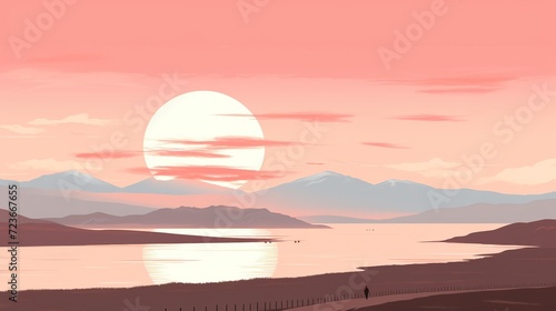 the sunset over mountains with a road. Digital concept, illustration painting.