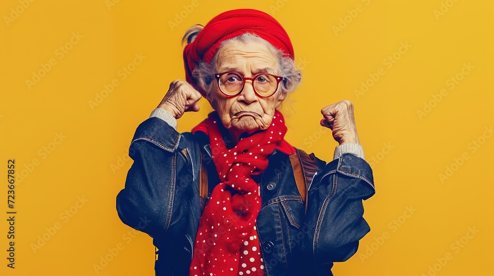 Elderly woman in a red headband and scarf, denim jacket, making a strong pose on a yellow background.