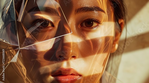 A captivating close-up portrait of a woman's face partly obscured by geometric shadows, creating a play of light and texture.