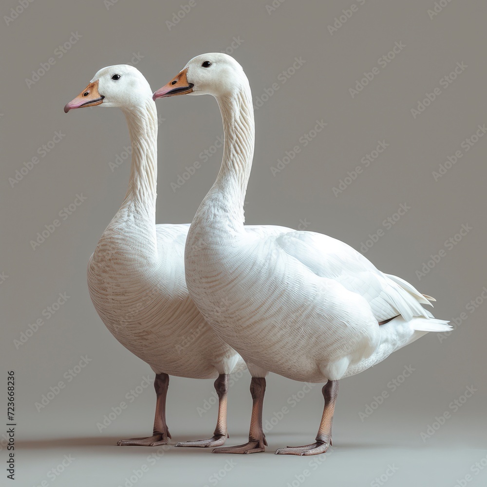 Two White Geese Walking On White Background, Illustrations Images Two White Geese Walking On White Background, Illustrations Images