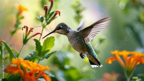 Graceful Hummingbird Hovering Near Vibrant Orange Flowers in Mid-Flight with a Blurred Garden Background