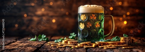 St. Patrick's Day Celebration: A Glass of Beer with Gold Coins and Clover Leaves Generative AI