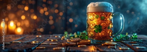 St. Patrick's Day Beer Glow: A Shamrock-Filled Glass with Gold Coins and Leaves Generative AI photo