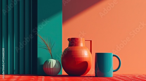 Wallpaper Mural Contemporary still life of a glossy red pitcher, a blue mug, and a geometric vase against a contrasting teal and coral backdrop. Torontodigital.ca