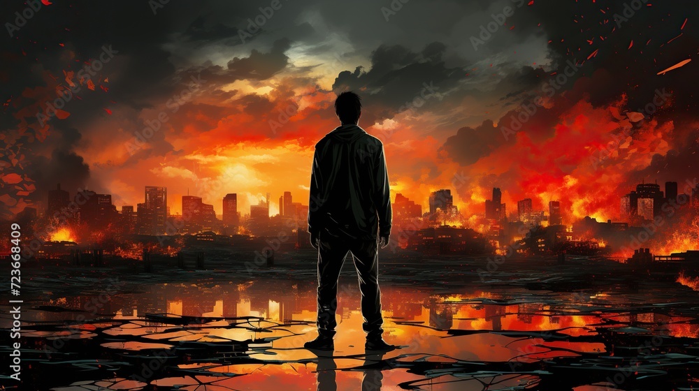 Fototapeta premium The silhouette of a man looking at a burning city. Digital concept, illustration painting.