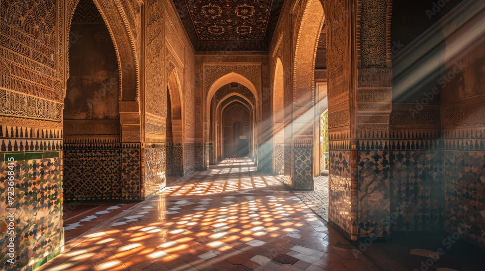 Obraz premium Sunlight casts shadows on the interior of the mosque with its ornate architecture