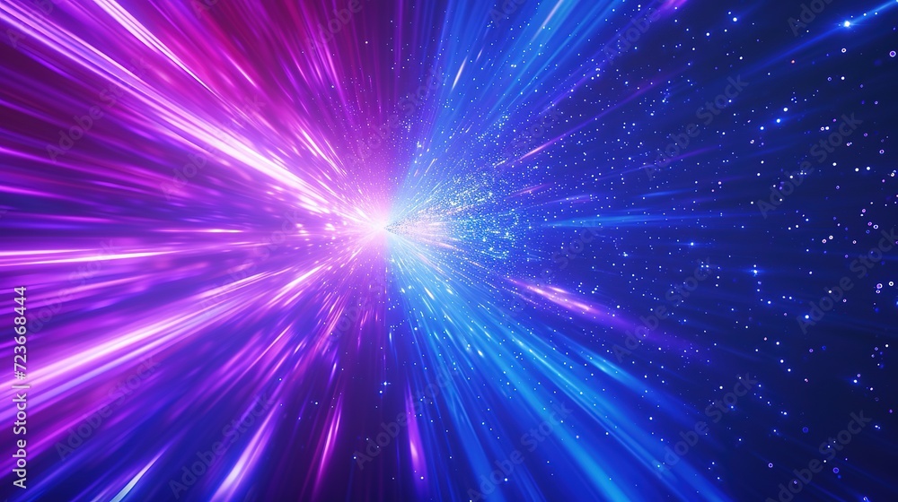 Dynamic hyperdrive journey through a vivid blue and purple starfield, creating a sense of high-speed space exploration.