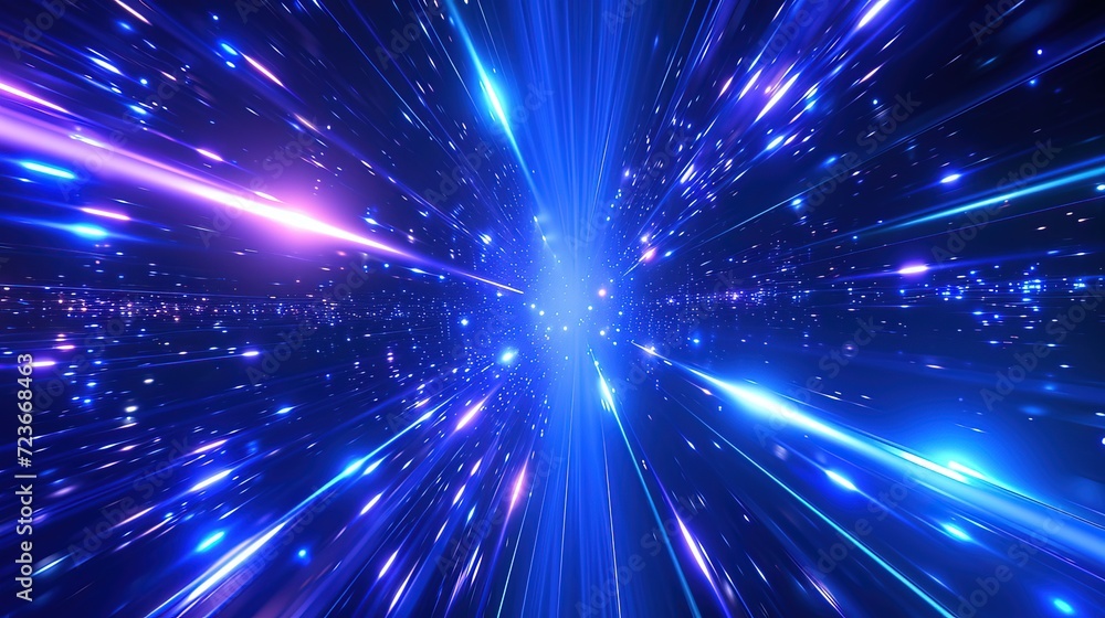 Abstract concept of a hyperspace jump with blue streaks and particles simulating high-speed travel through a starfield. - obrazy, fototapety, plakaty 