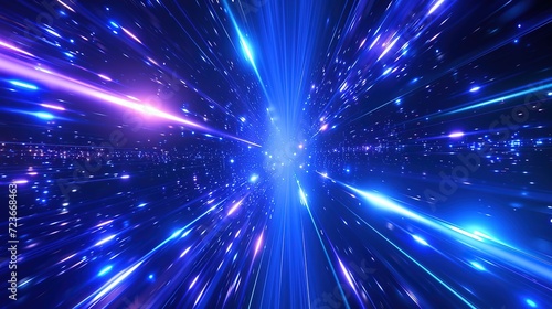 Abstract concept of a hyperspace jump with blue streaks and particles simulating high-speed travel through a starfield. photo