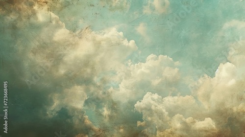 A serene skyscape featuring fluffy cumulus clouds set against a textured aquamarine background  imbued with a dreamlike quality.