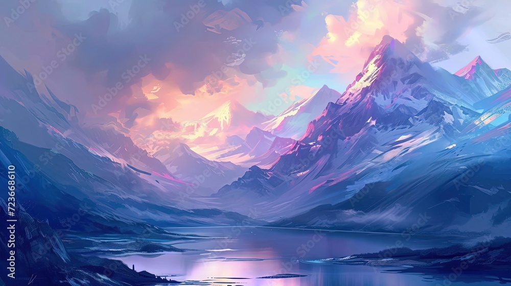 A breathtaking digital painting of a snow-capped mountain range with a reflective lake under a dramatic, colorful sunset sky.