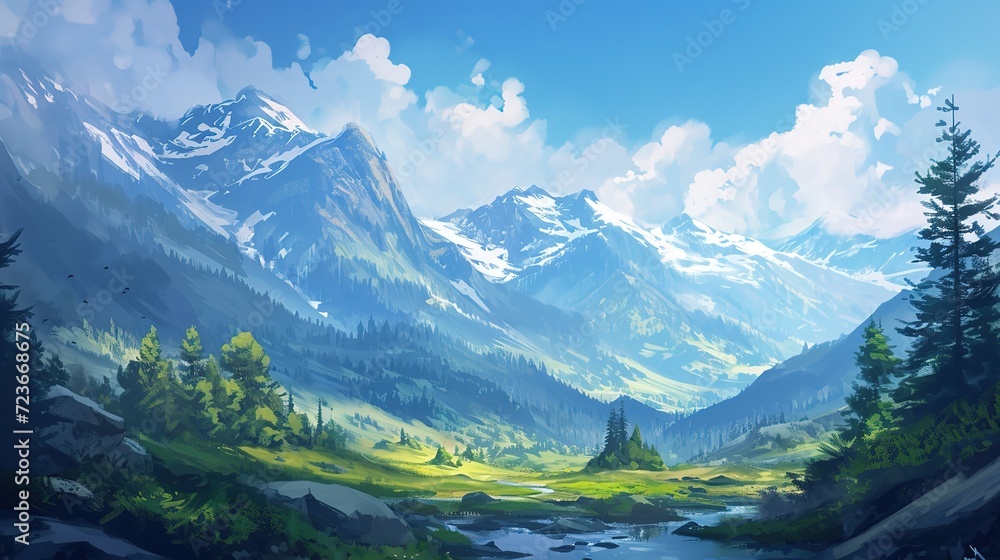A peaceful digital painting of a lush green mountain valley with a gentle river flowing under a clear sky with fluffy clouds.