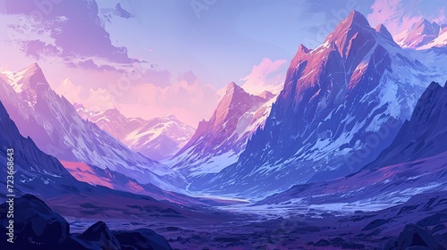 Digital art of a majestic mountain range bathed in purple and pink hues of dusk, with a winding valley leading into the distance.