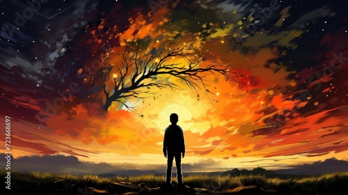 The silhouette of a boy looking at a tree in the sky hiding behind clouds. Digital concept, illustration painting.