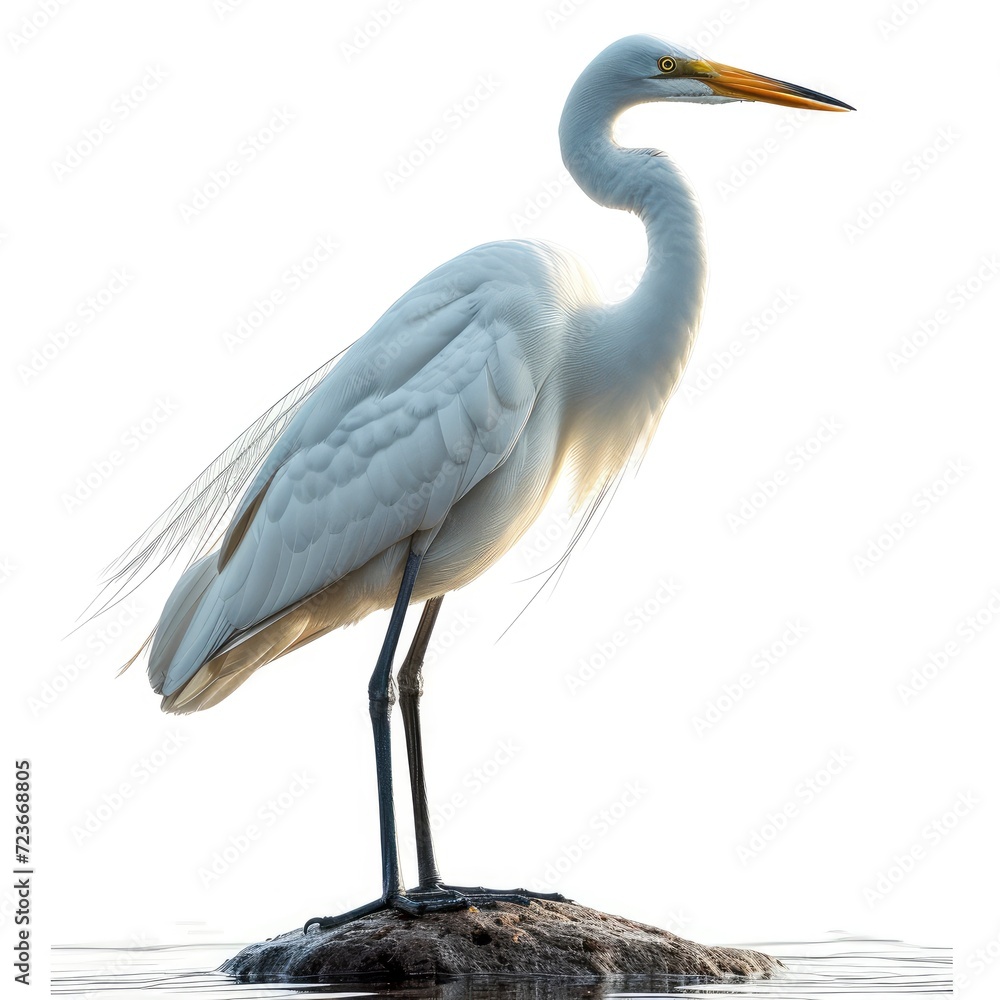 Fototapeta premium Wading Great White Egret On Campobello On White Background, Illustrations Images