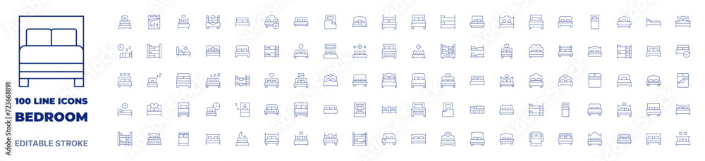 100 icons Bedroom collection. Thin line icon. Editable stroke. Bedroom icons for web and mobile app.