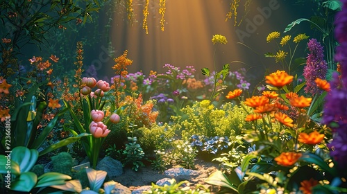 Sunbeams filter through the forest canopy, casting a warm glow on a diverse array of colorful flowers in a serene woodland clearing. © Rattanathip
