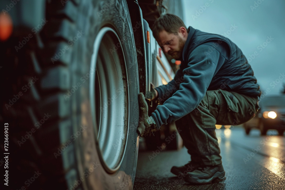 Male auto mechanic changing a tire on a truck on the road, selective focus Male auto mechanic changing a tire on a truck on the road, selective focus