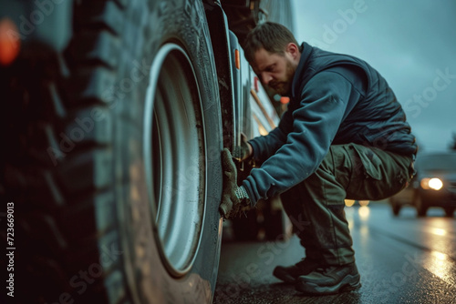 Male auto mechanic changing a tire on a truck on the road, selective focus