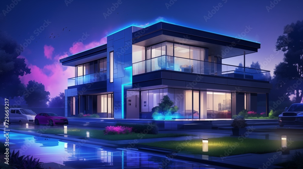the night scene of a modern house with blue lights. Digital concept, illustration painting. the night scene of a modern house with blue lights. Digital concept, illustration painting.